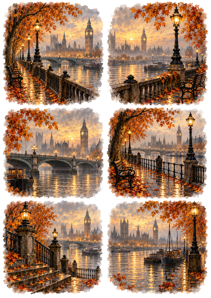 Rice Paper For Decoupage Misty Autumn London Riverside Vignettes Collage Cat. No 10747