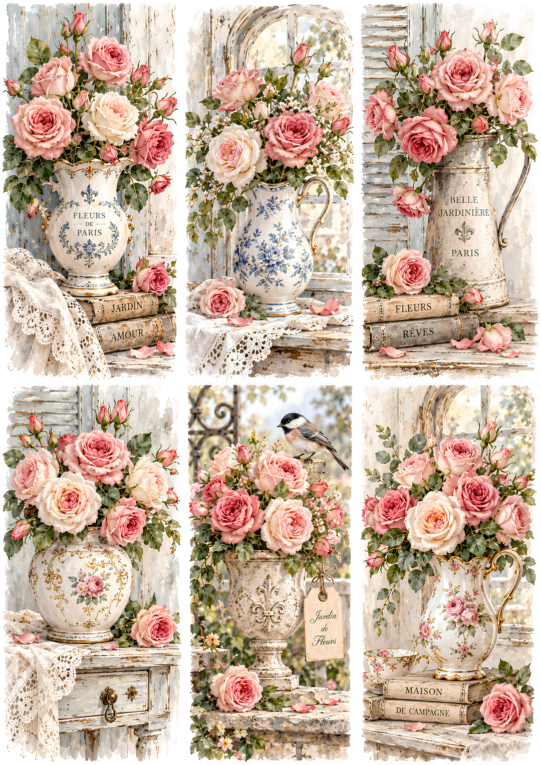 Rice Paper for Decoupage Vintage Roses Collage Cat 10793
