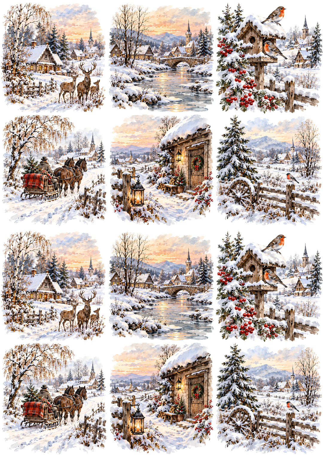 Rice Paper for Decoupage Winter Vintage Village Collage  Cat 10797