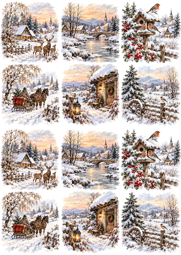 Rice Paper for Decoupage Winter Vintage Village Collage  Cat 10797