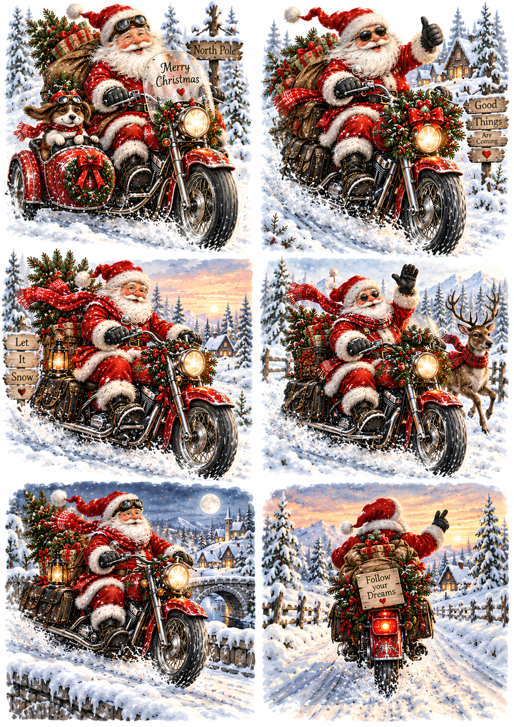 Rice Paper for Decoupage Santa on Motorbike Collage Cat 10812