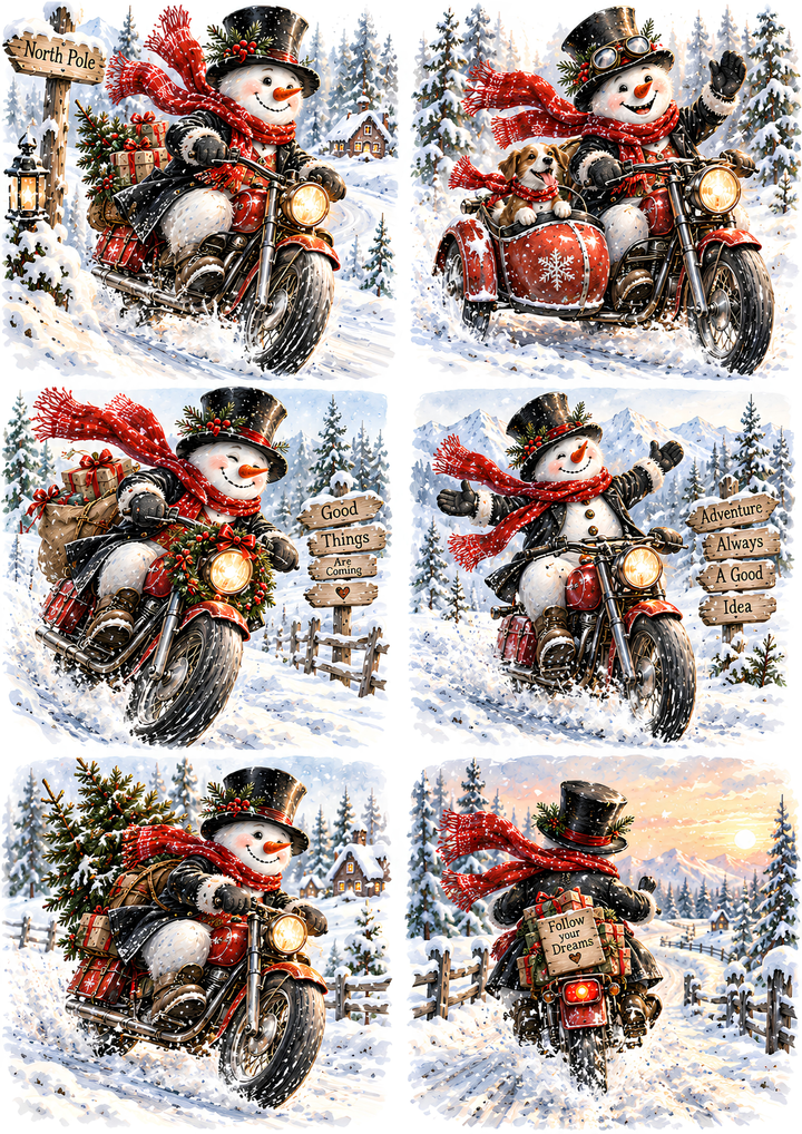 Rice Paper for Decoupage Snowman on Motorbike Collage Cat 10815