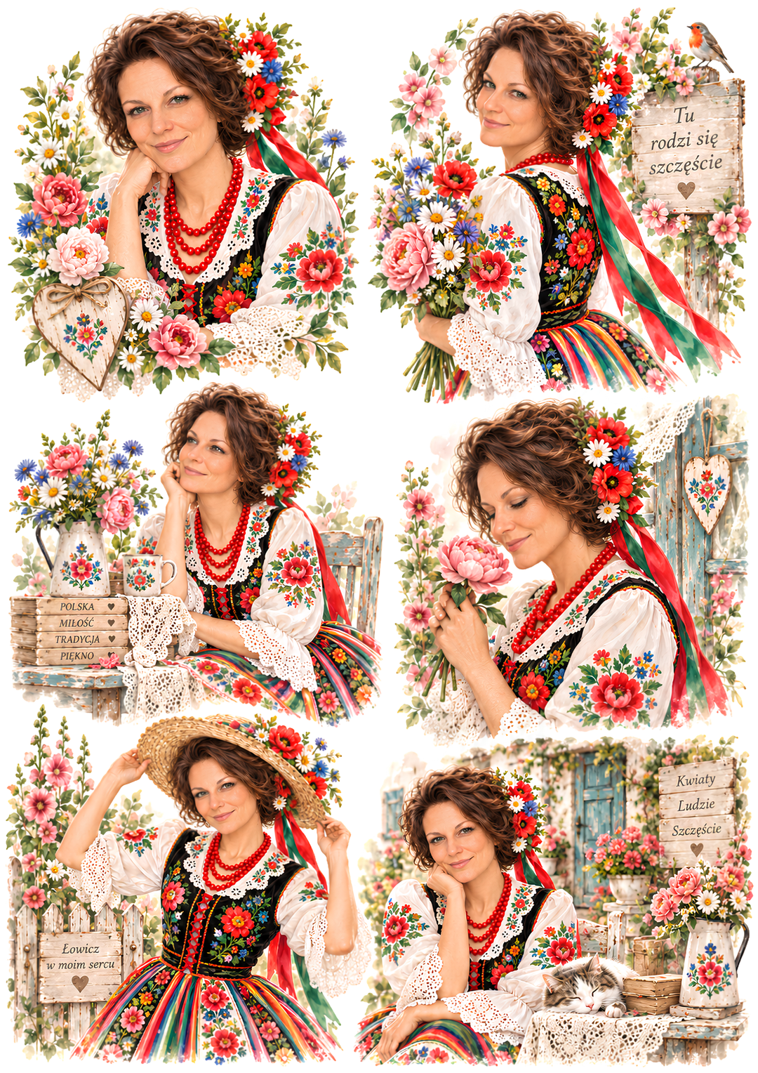 Rice Paper for Decoupage Polish Folk Art Woman in Łowicz Costume Collage  Cat 10840
