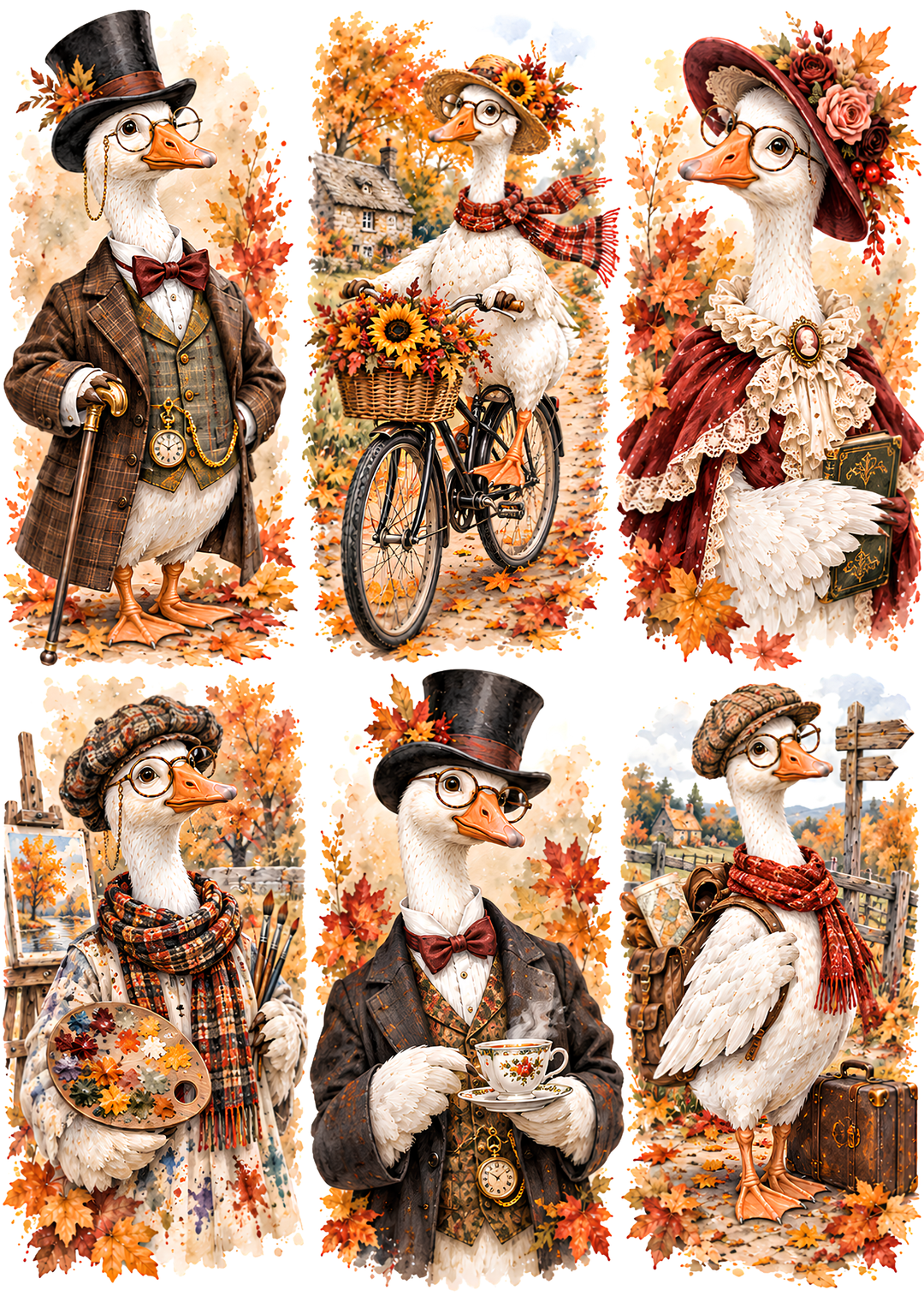 Rice Paper for Decoupage Whimsical Autumn Geese Collage Cat 10851