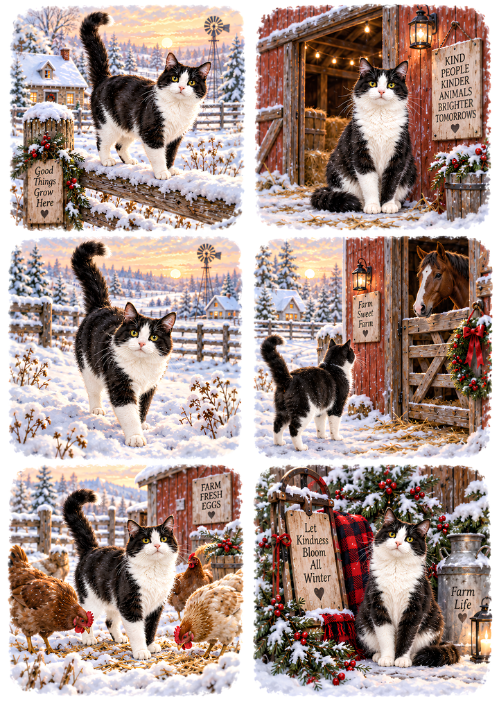 Rice Paper for Decoupage Winter Cat on the Farm Collage  Cat 10860