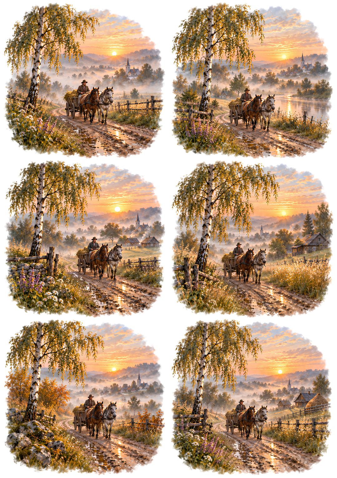 Rice Paper for Decoupage Horse-Drawn Wagon at Sunset Collage Cat 10870