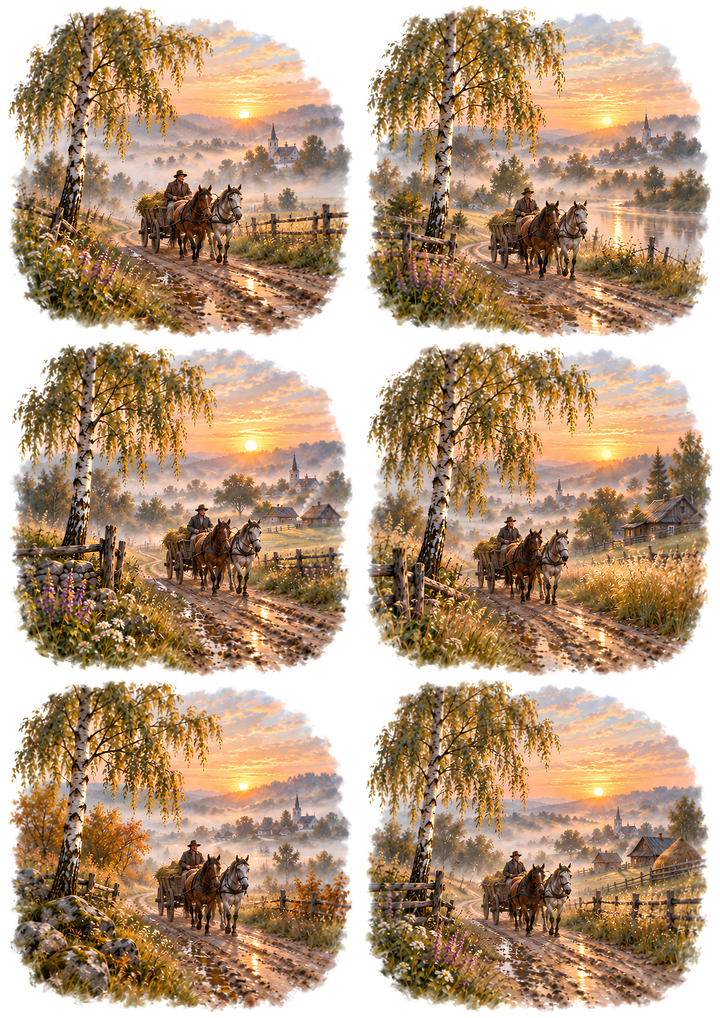 Rice Paper for Decoupage Horse-Drawn Wagon at Sunset Collage Cat 10870
