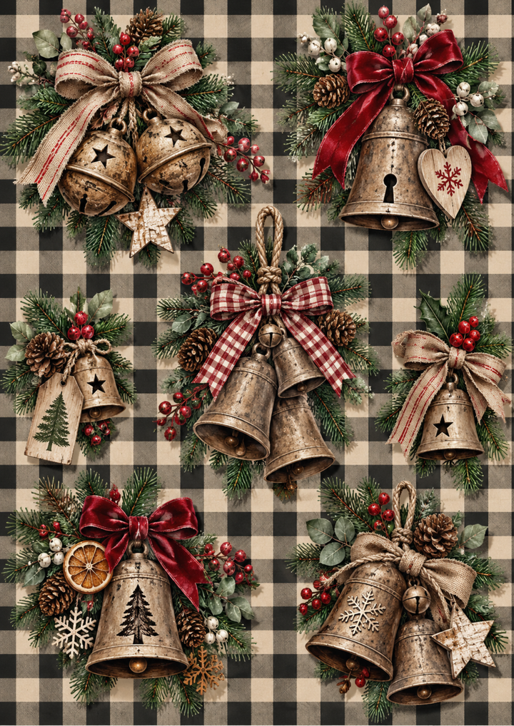 Rice Paper for Decoupage Vintage Farmhouse Jingle Bells with Buffalo Plaid and Festive Greenery  Full Cat 10873