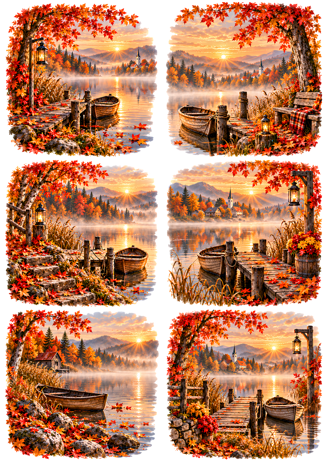 Rice Paper for Decoupage Rustic Wooden Boats and Colourful Fall Countryside Collage Cat 10881