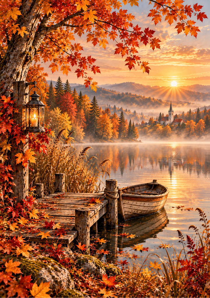 Rice Paper for Decoupage Rustic Wooden Boats and Colourful Fall Countryside Full Cat 10882
