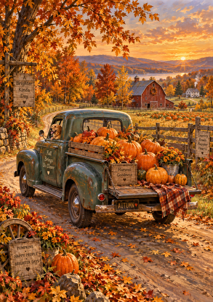 Rice Paper for Decoupage Vintage Autumn Farm Truck Full Cat 10895