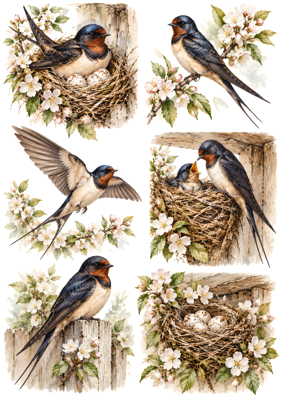 Rice Paper for Decoupage Vintage Spring Swallows Collage Cat 10903