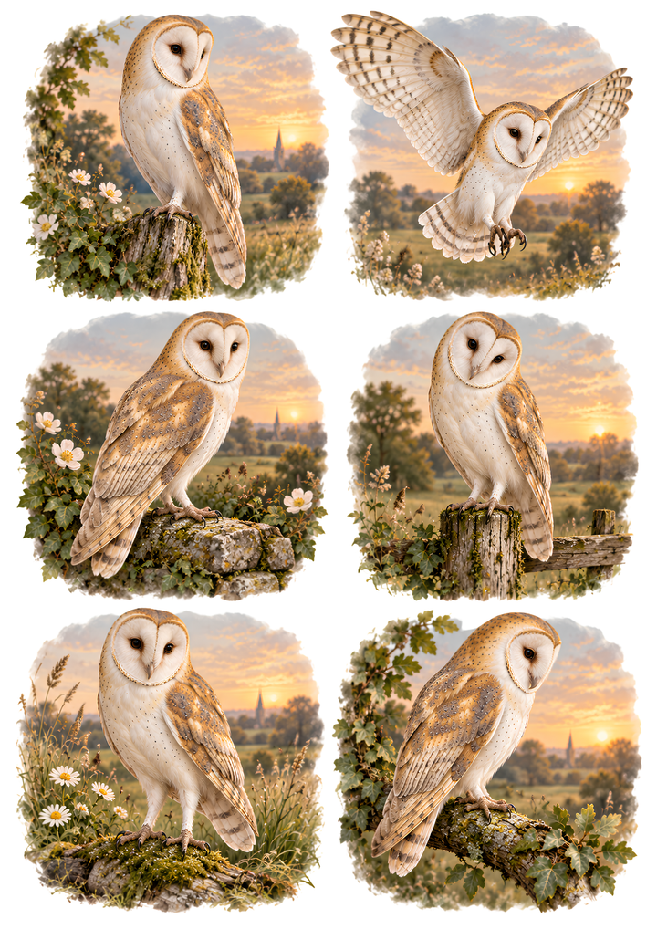 Rice Paper for Decoupage Golden Barn Owl Collage Cat 10922