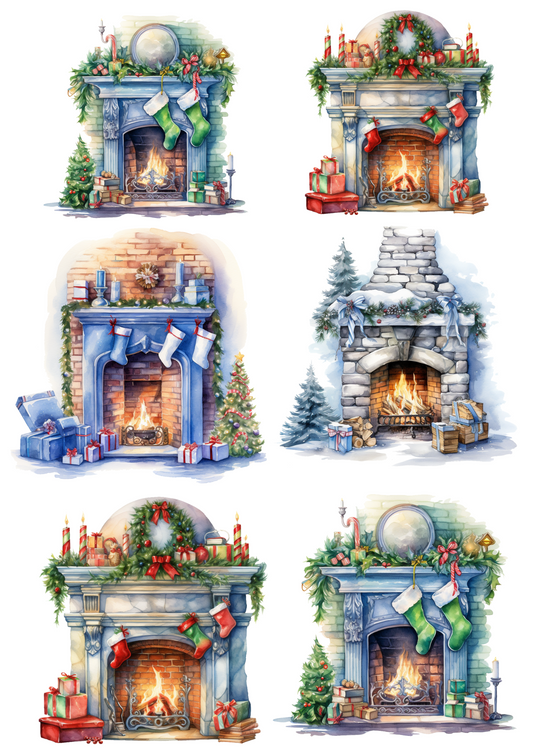 Rice Paper For Decoupage Christmas Fireplaces Collage Cat. No. 4009