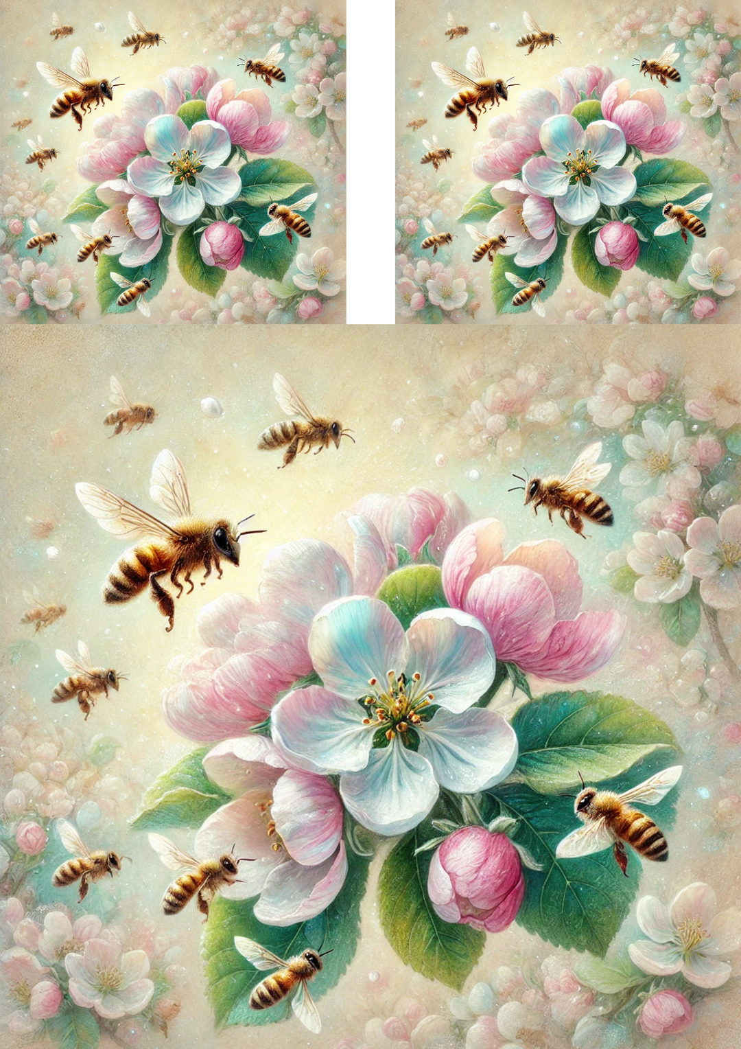 Reispapier für Decoupage-Bienen auf einem blühenden Apfelbaum 2 Collage Kat. Nr. 4089