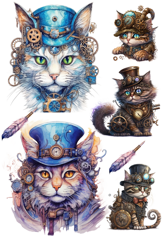 Reispapier für Decoupage Katze Steampunk Collage Katze Nr. 4140