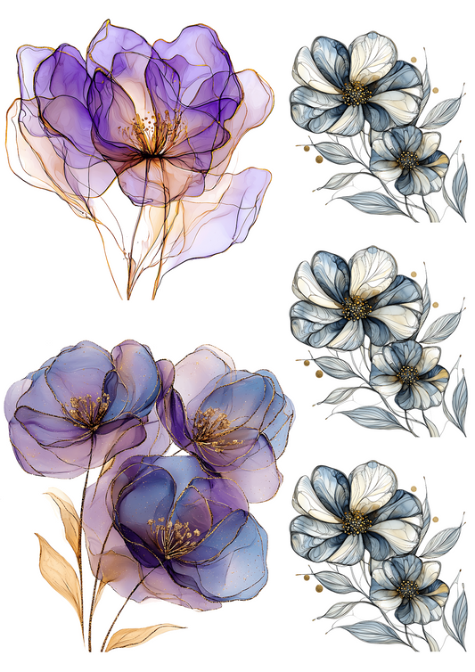 Rice Paper For Decoupage Ruby Blue and Jade Floral Duo Collage Cat No. 4202