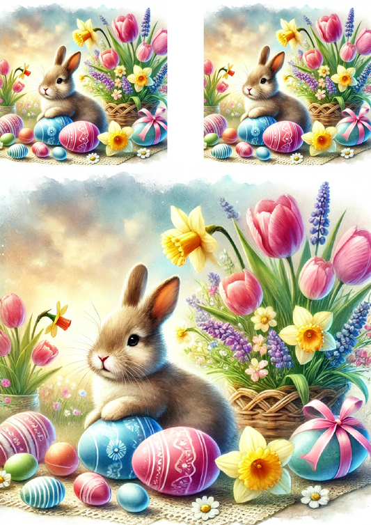 Reispapier für Decoupage Osterhase mit bunten Ostereiern in leuchtenden Farben Kat. Nr. 4220