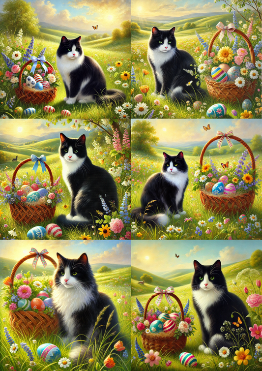 Reispapier für Decoupage-Collage „Katze und Ostereier in einem Korb“ Kat.-Nr. 4224