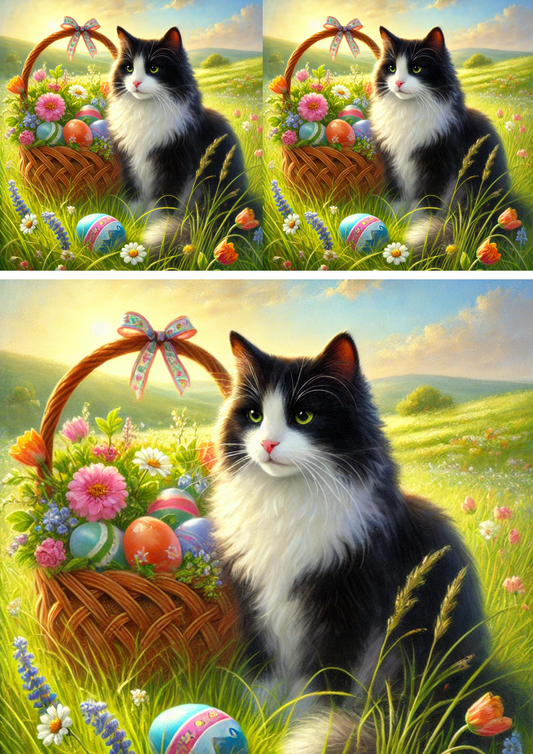 Reispapier für Decoupage-Collage „Katze und Ostereier in einem Korb 2“ Kat.-Nr. 4225