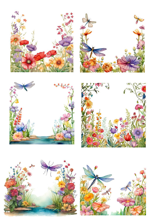 Rice Paper For Decoupage Spring Colorful Flowers And Dragonfly Collage Cat. No.4236