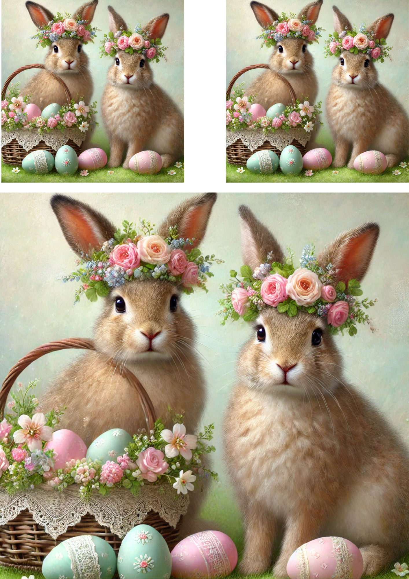 Reispapier für Decoupage-Osterhasen in Kränzen mit einem Korb mit Ostereiern, Collage, Kat. Nr. 4254