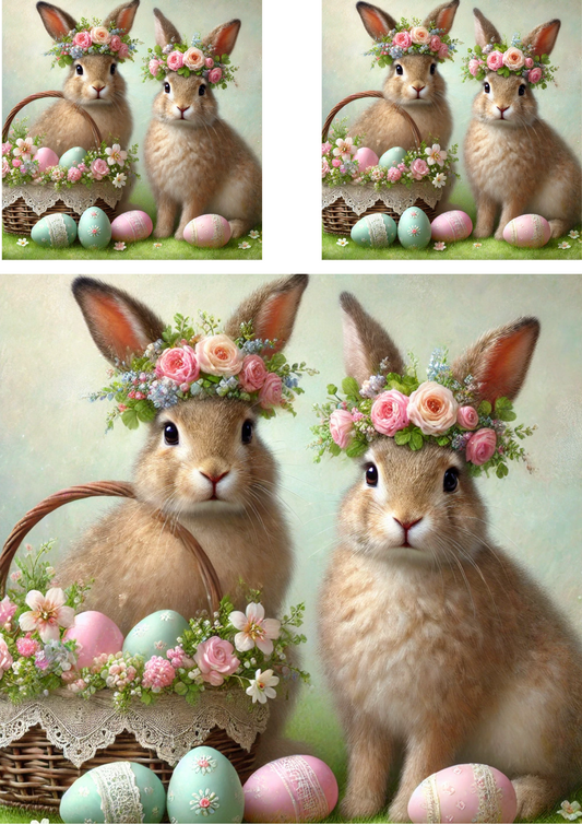 Reispapier für Decoupage-Osterhasen in Kränzen mit einem Korb mit Ostereiern, Collage, Kat. Nr. 4254