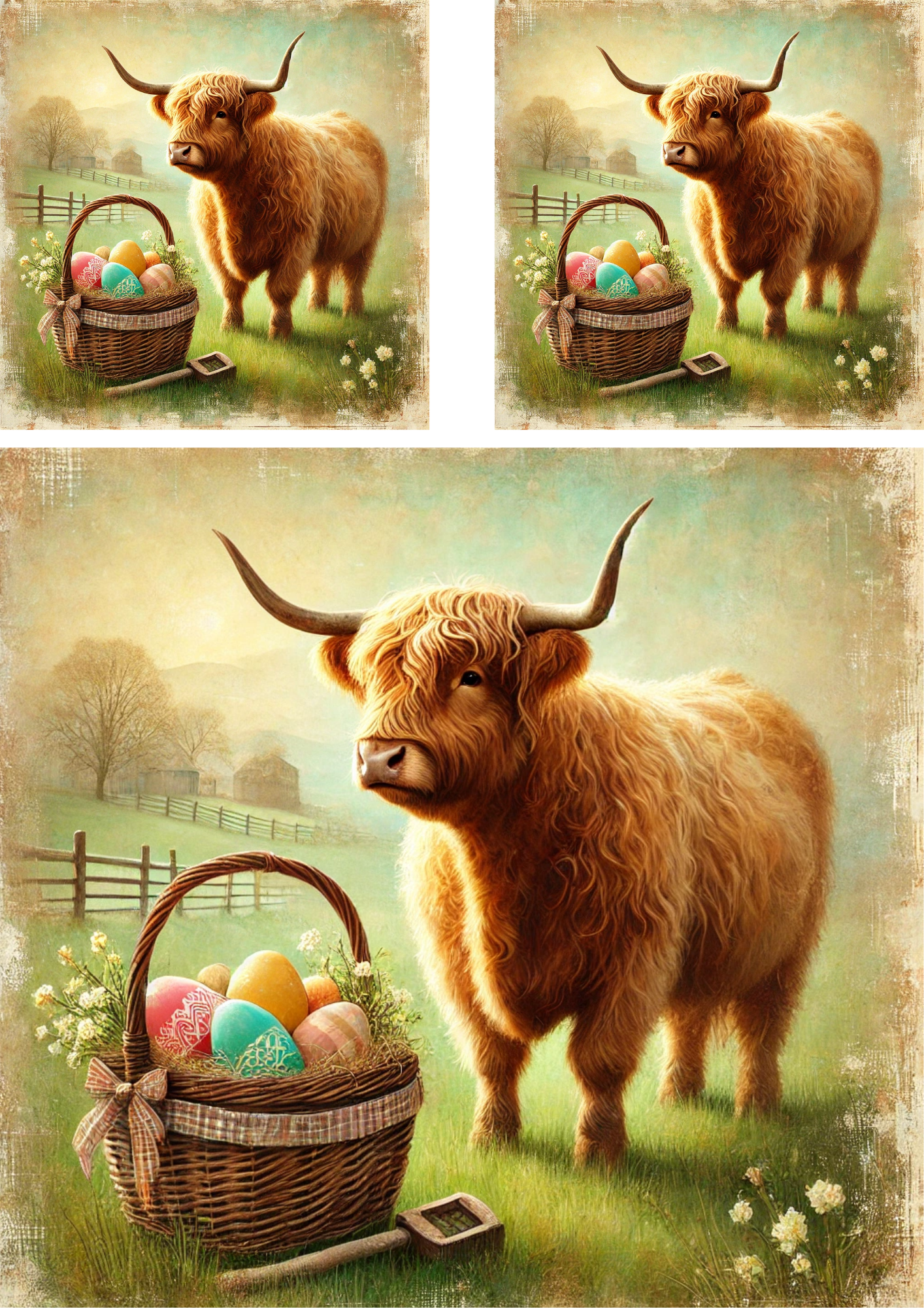 Reispapier für Decoupage Highland Cow mit Korb voller Ostereier Schabby Chic 2 Collage Kat. Nr. 4268
