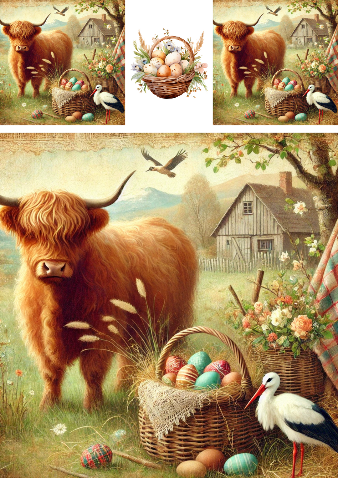 Reispapier für Decoupage Highland Cow mit Korb voller Ostereier Schabby Chic 3 Collage Kat. Nr. 4269