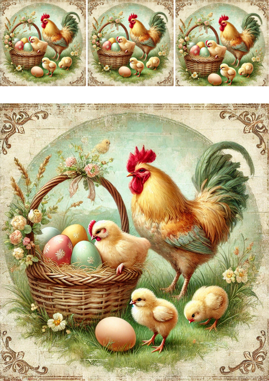Reispapier für Decoupage Hahn mit Korb voller Ostereier Shabby Chic Collage Kat. Nr. 4278