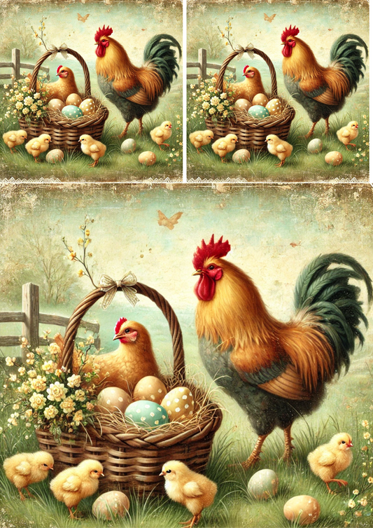 Reispapier für Decoupage Hahn mit Korb voller Ostereier 3 Shabby Chic Collage Kat. Nr. 4280