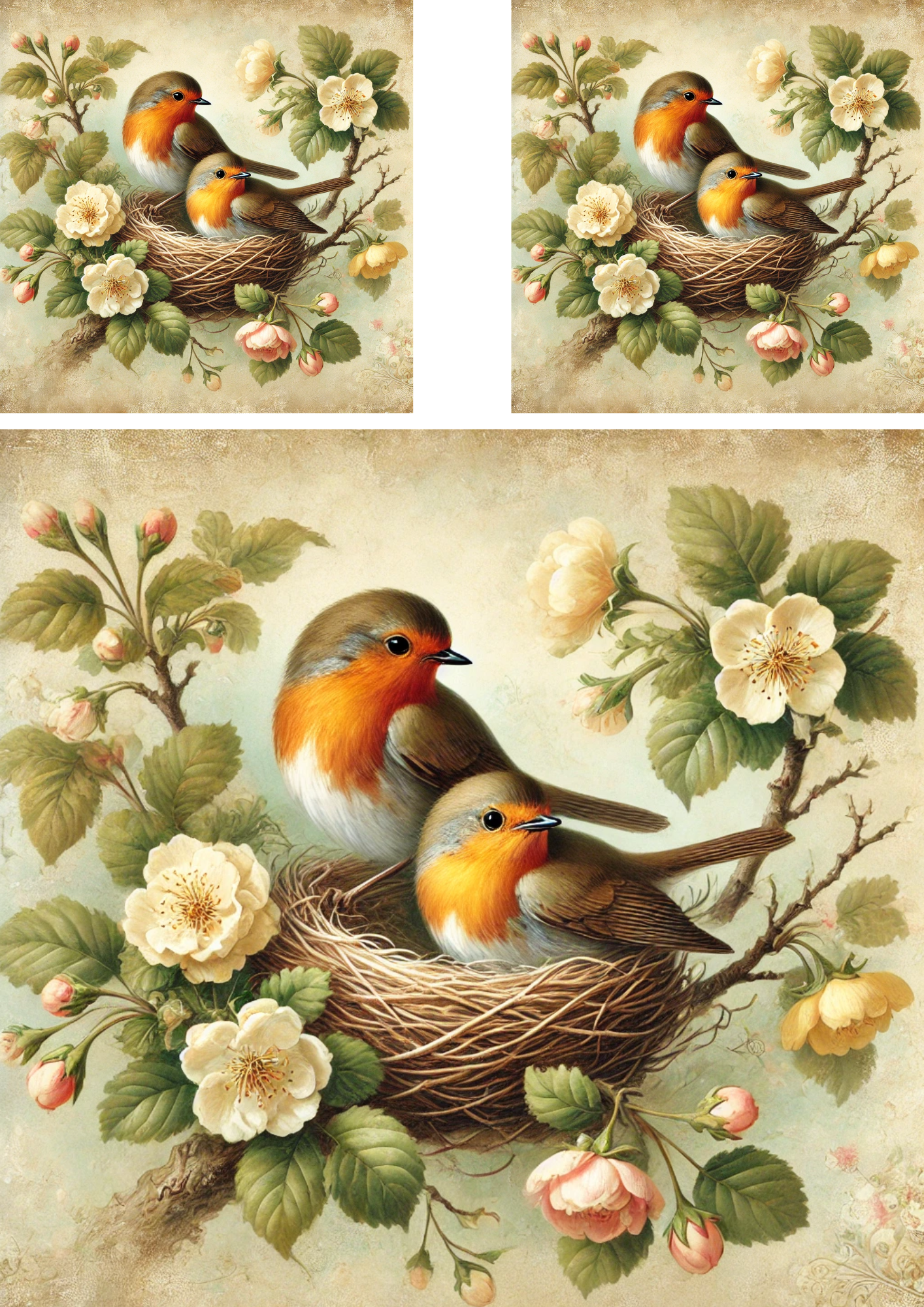 Reispapier für Decoupage Rotkehlchen in einem Nest zwischen Blumen Schabby Cic Collage Kat. Nr. 4283