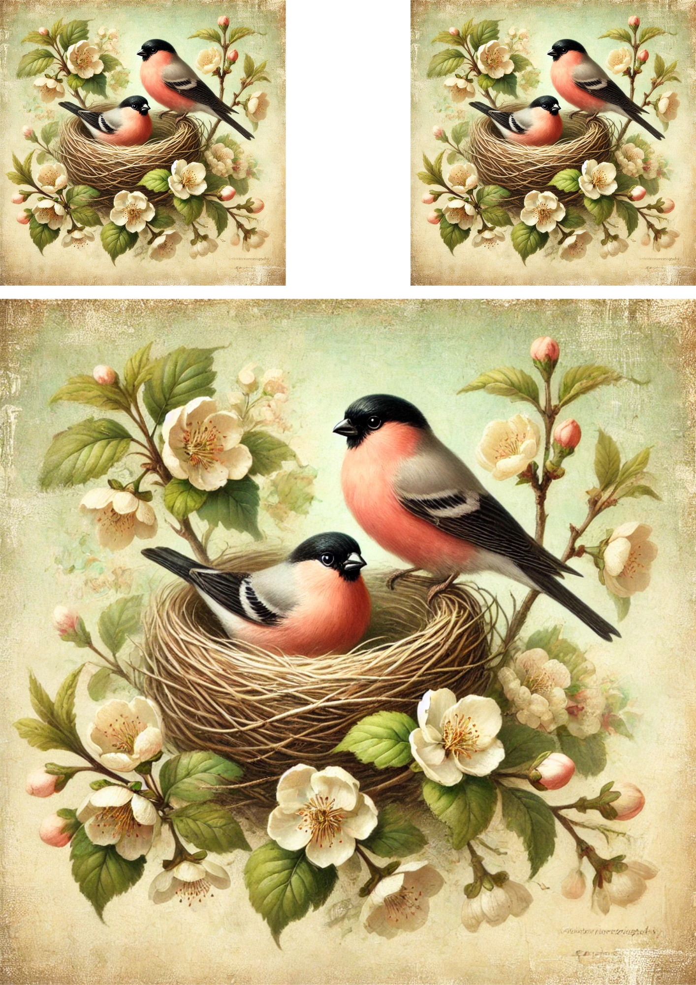 Reispapier für Decoupage Gimpel in einem Nest zwischen Blumen Shabby Chic Collage Kat. Nr. 4288