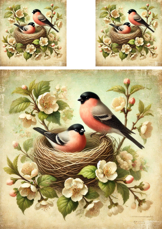 Reispapier für Decoupage Gimpel in einem Nest zwischen Blumen Shabby Chic Collage Kat. Nr. 4288