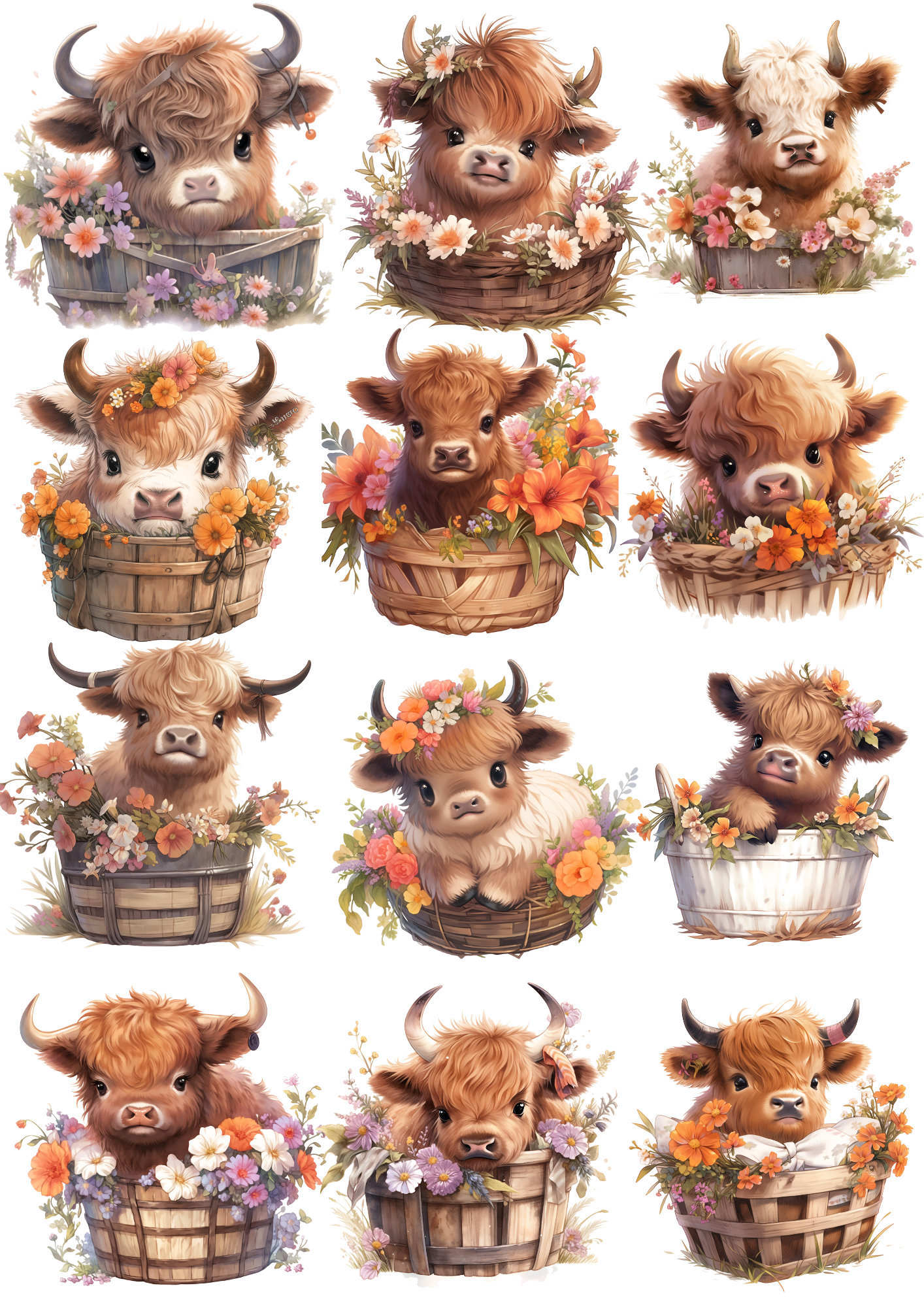 Rice Paper For Decoupage Baby Highland Cow Nesteled In Flower Basket 2 Collage Cat. No. 4361
