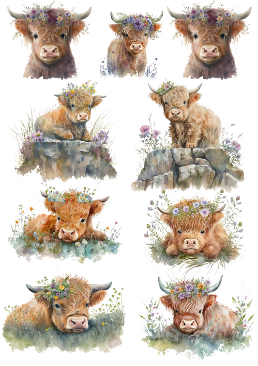 Rice Paper For Decoupage Baby Highland Cow In Flower Wreath 2 Collage Cat. No. 4363