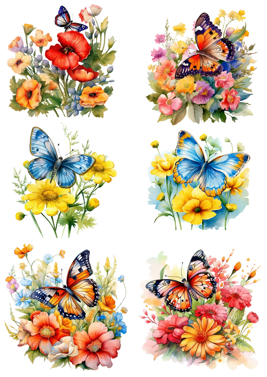 Rice Paper For Decoupage Butterfly Over Flowers Collage Cat. No. 4390