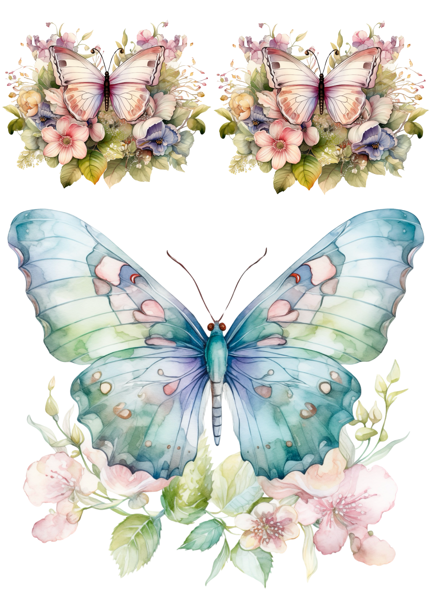 Rice Paper For Decoupage Butterfly Over Flower Bouquet Collage Cat. No. 4394