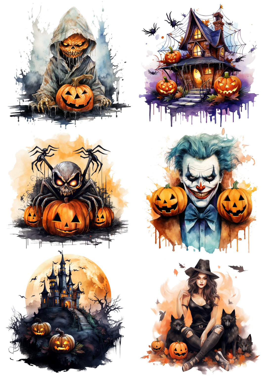 Reispapier für Decoupage-Collage mit Spinnen-Joker und Halloween-Kürbissen, Kat.-Nr. 4405