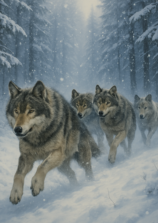 Reispapier für Decoupage Ein Rudel rennender Wölfe in einem verschneiten Winterwald, vollständige Kat.-Nr. 4424