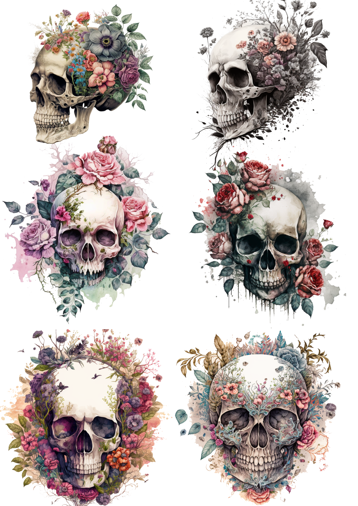 Reispapier für Decoupage, Gothic-Totenköpfe in Blumen-Collage, Kat.-Nr. 4455