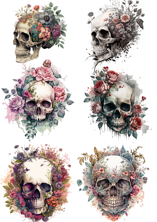 Reispapier für Decoupage, Gothic-Totenköpfe in Blumen-Collage, Kat.-Nr. 4455