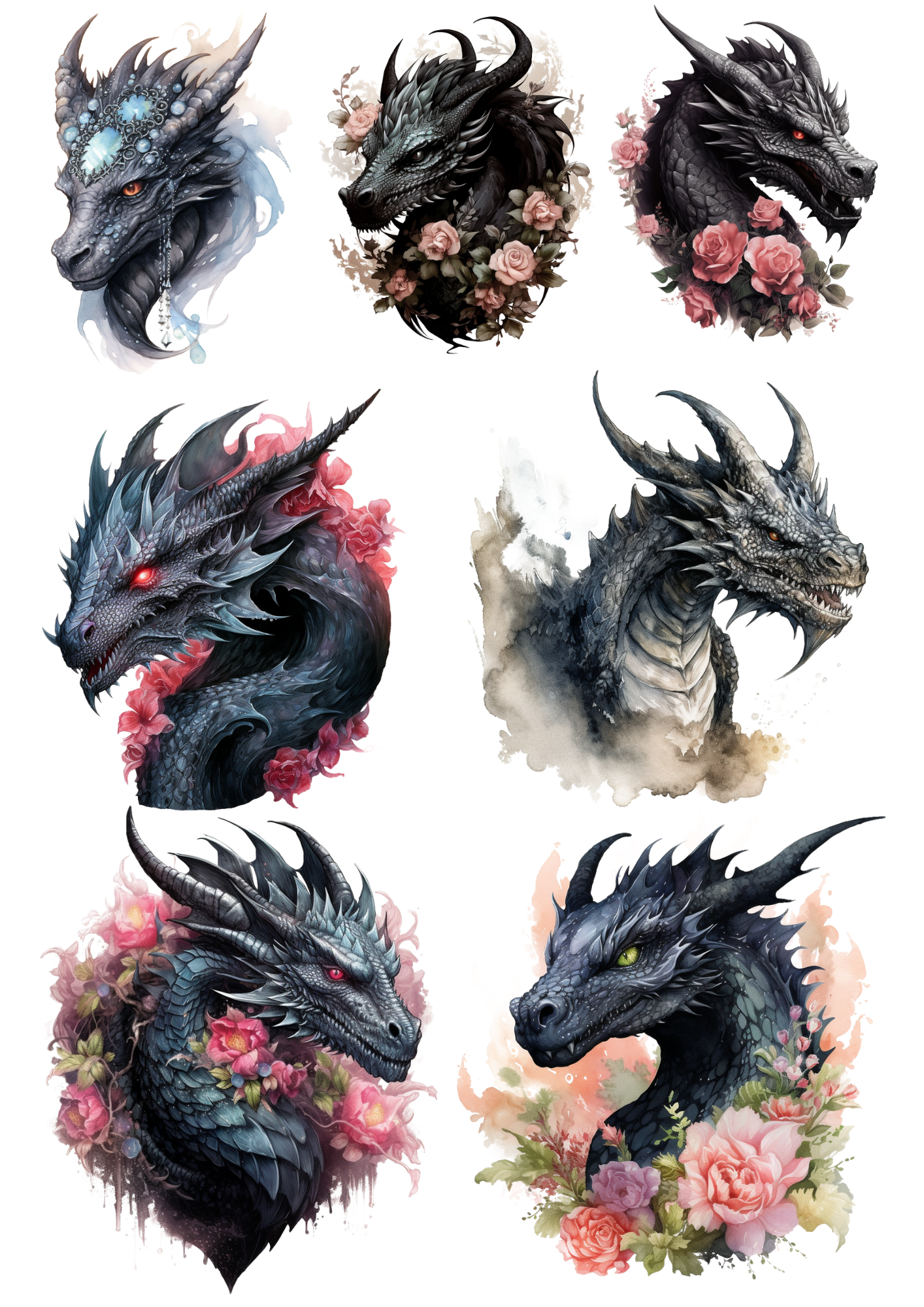 Reispapier für Decoupage, Gothic-Drachen in Blumen-Collage, Kat.-Nr. 4458