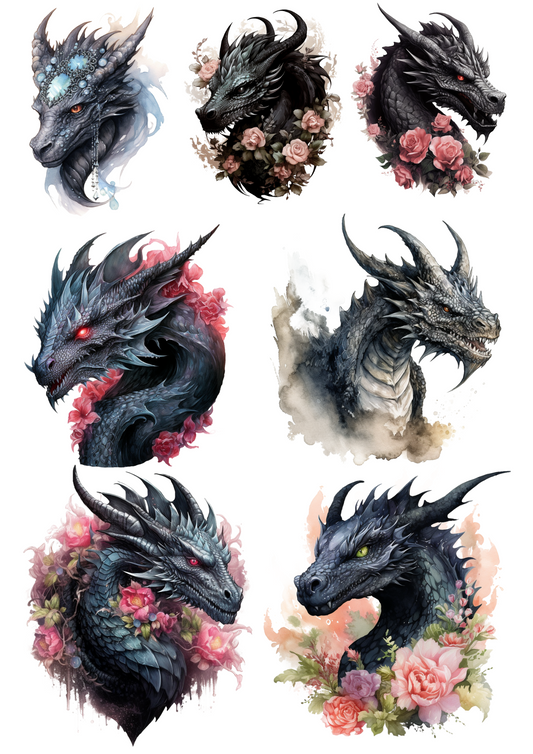 Reispapier für Decoupage, Gothic-Drachen in Blumen-Collage, Kat.-Nr. 4458