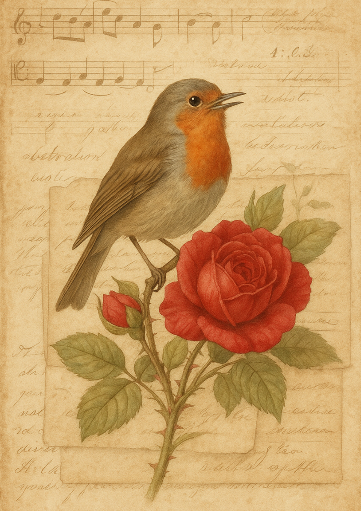 Reispapier für Decoupage, Rotkehlchen auf Rose und Musiknoten, Vintage, vollständige Kat. Nr. 4488