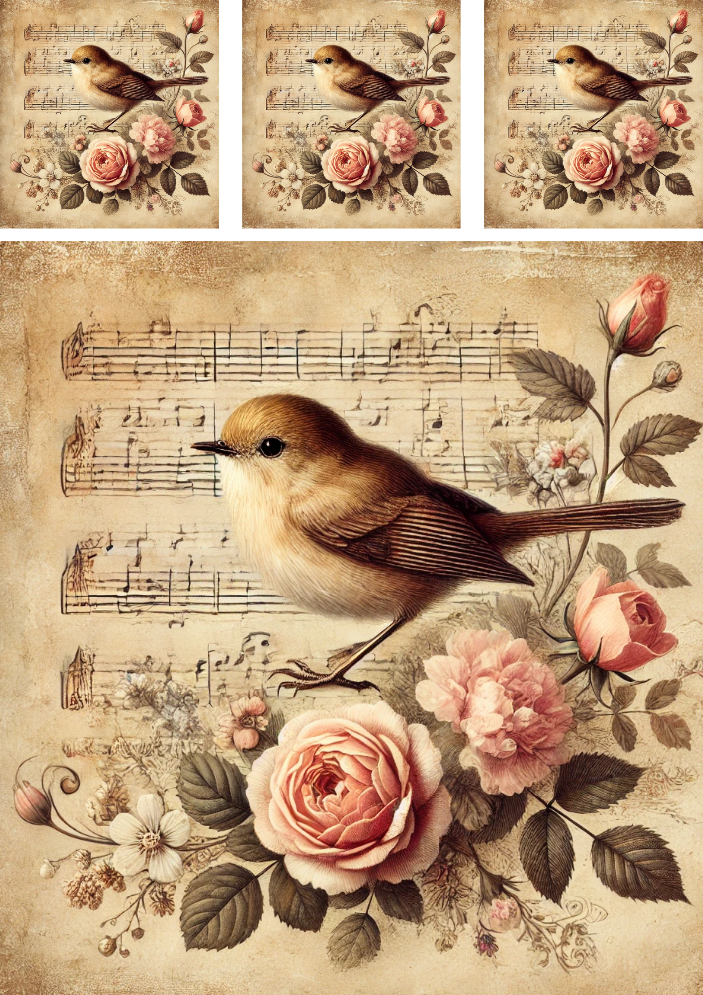 Rice Paper For Decoupage Sparrow On Roses And Musical Notes Vintage Collage Cat. No. 4495