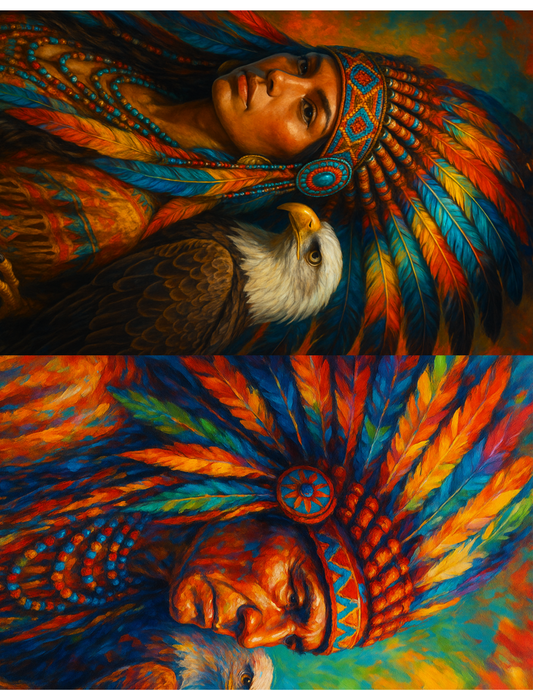 Reispapier für Decoupage, rothäutige Indianerin und Indianerin mit einer Feder auf dem Kopf und einem Adler auf der Schulter, Collage, Kat.-Nr. 4597