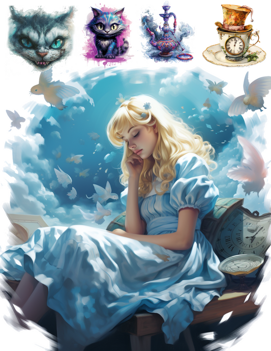 Reispapier für Decoupage Alice aus dem Wunderland, Collage mit verschiedenen Figuren, Kat.-Nr. 4624