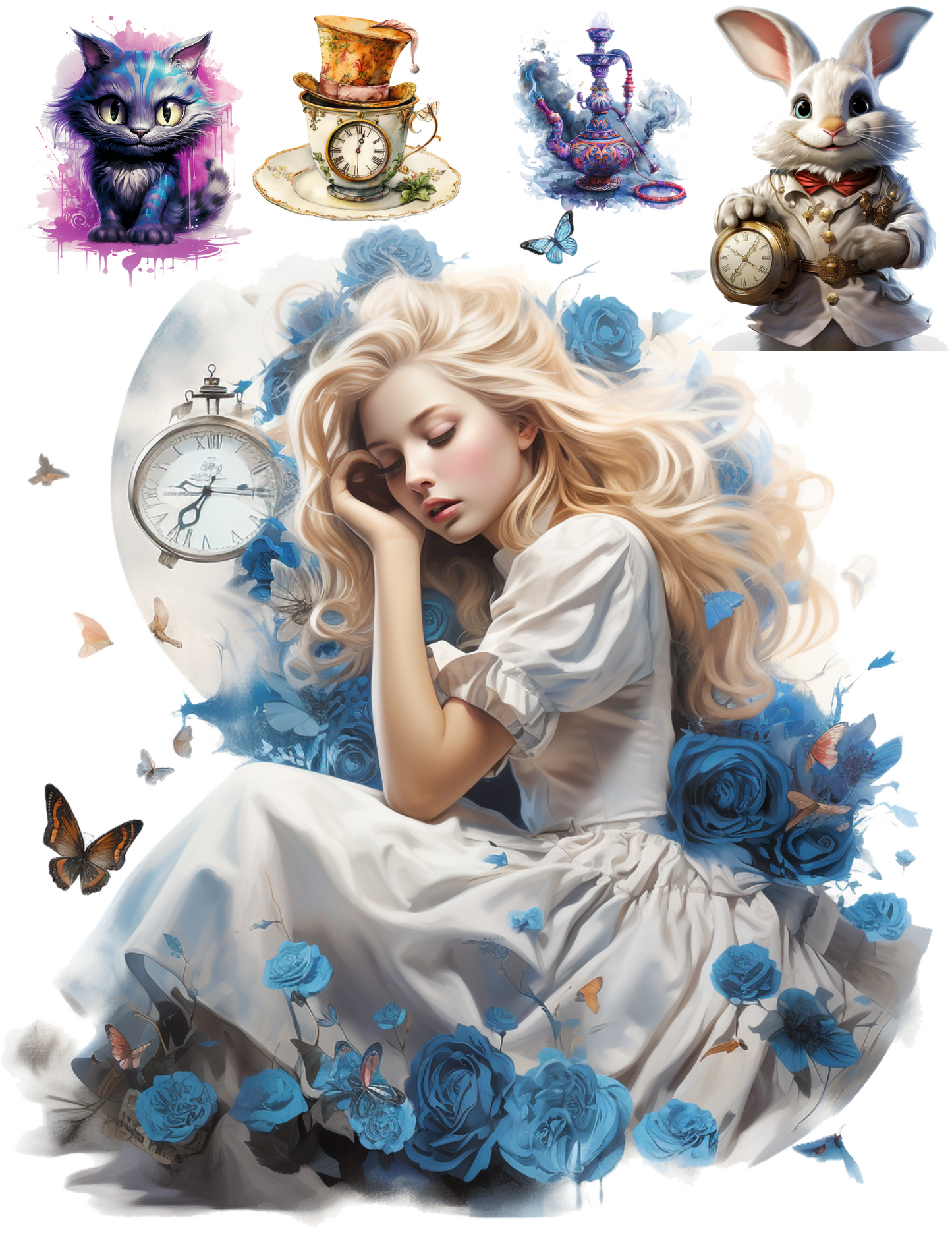 Reispapier für Decoupage Alice aus dem Wunderland, Collage mit verschiedenen Figuren, Kat.-Nr. 4625