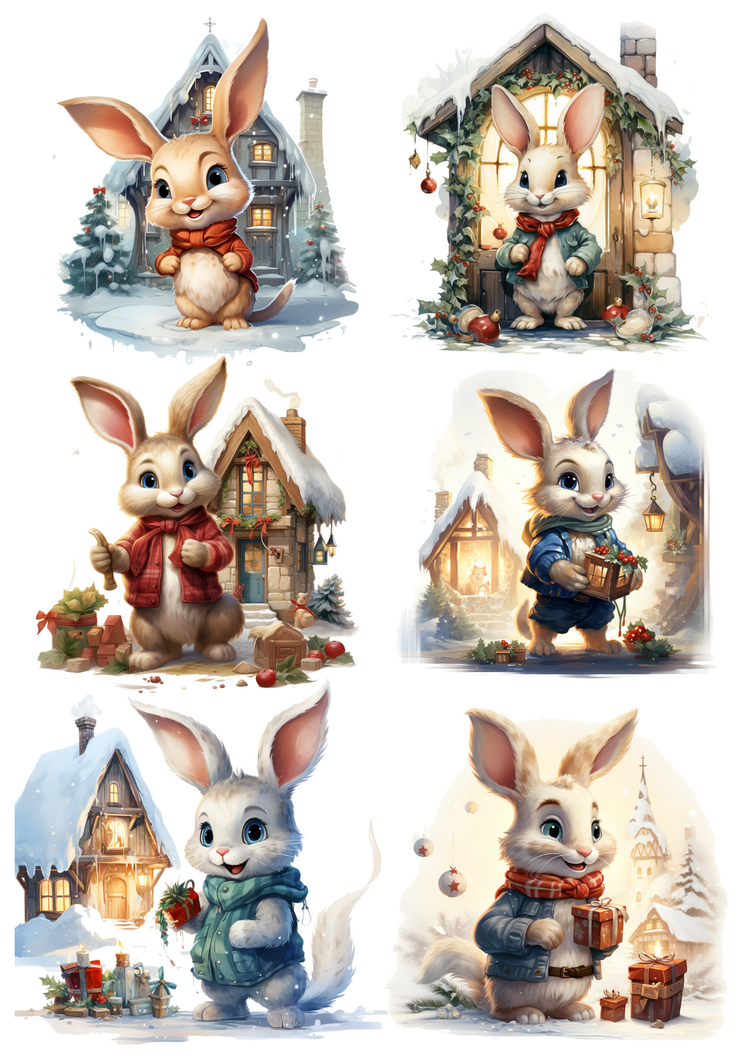 Rice Paper For Decoupage Winter Christmas Bunny Collage Cat. No.4650